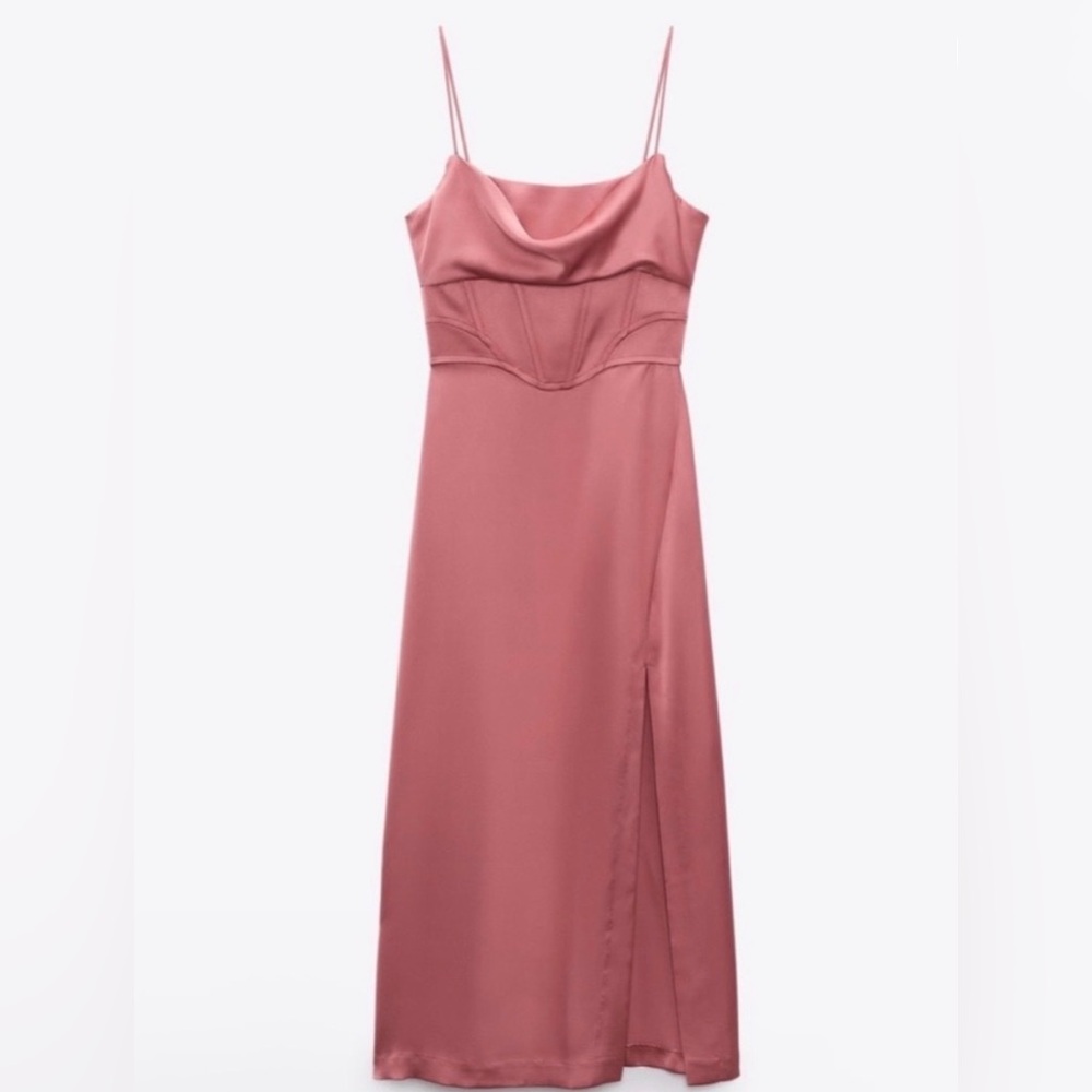 Zara Sunset Pink Cowl Neck Corseted Slip Dress with Slit